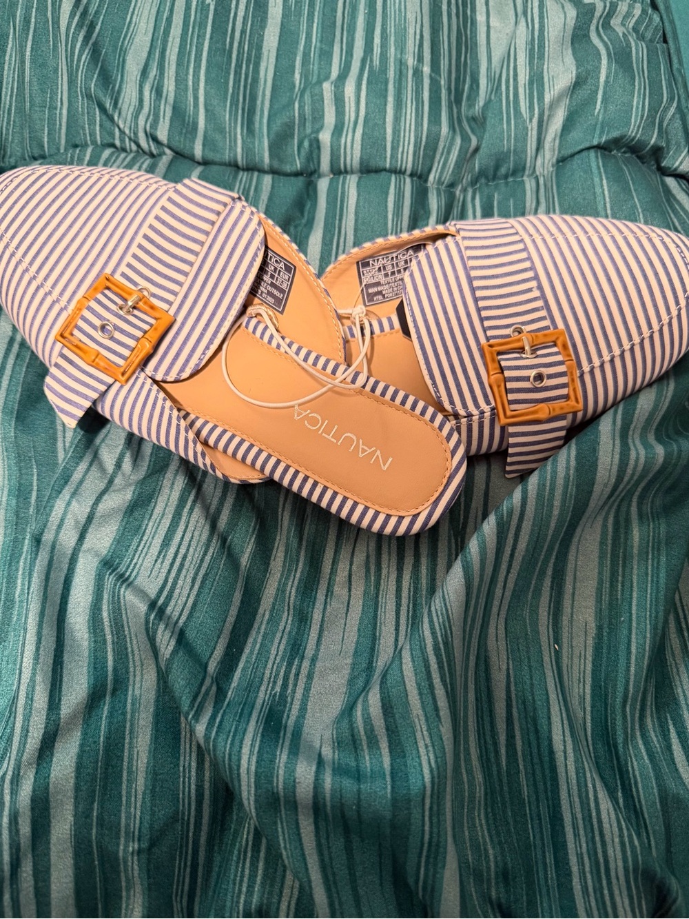 Nautica Blue & White Striped Slip-On Mules with Gold Buckle
